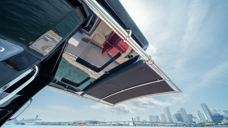 Freedom Yacht Photos Pics 2023 Pardo Yachts 38 with sleek design, city skyline in background.