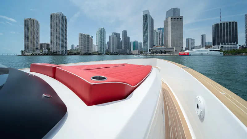 Freedom Yacht Photos Pics 2023 Pardo Yachts 38 cruising with city skyline in the background.