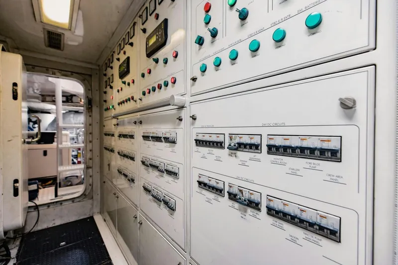 Mamma Mia Yacht Photos Pics Control panel inside 2007 Benetti 120 Classic yacht, featuring switches and indicators.