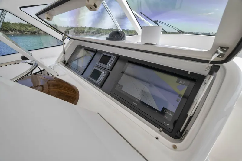 Blondie Yacht Photos Pics 2012 Viking 42 Open yacht helm with advanced navigation displays and controls.