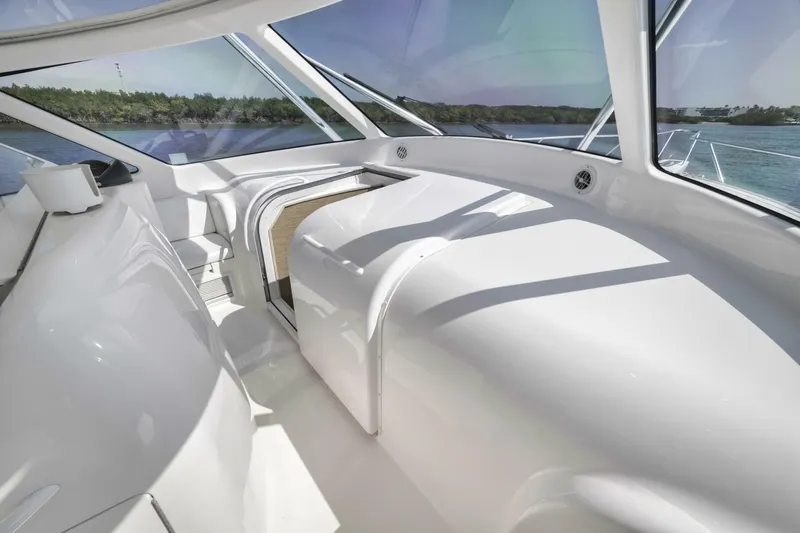 Blondie Yacht Photos Pics 2012 Viking 42 Open yacht interior with sleek white design and panoramic windows.
