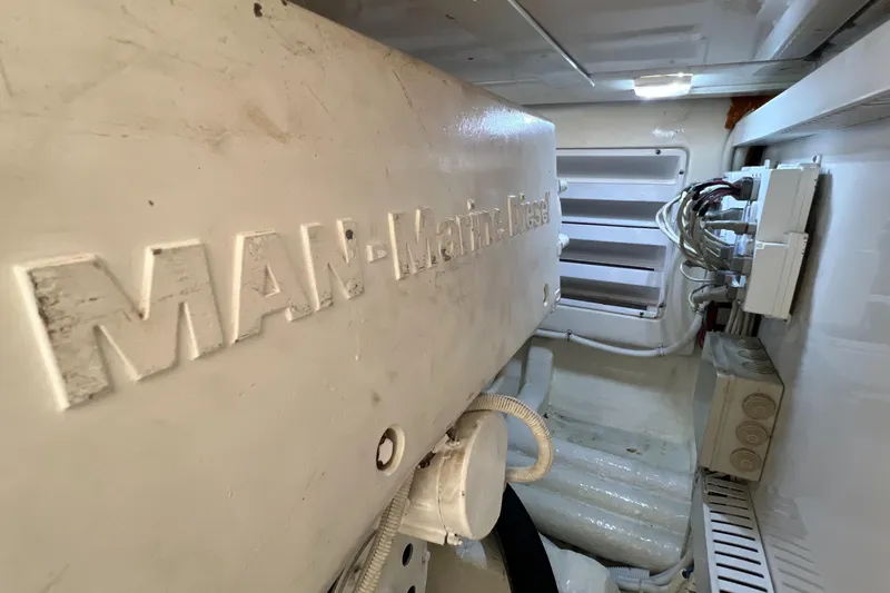 Dream On Yacht Photos Pics Engine room of a 2005 Bertram 450 with MAN Marine Diesel engine.
