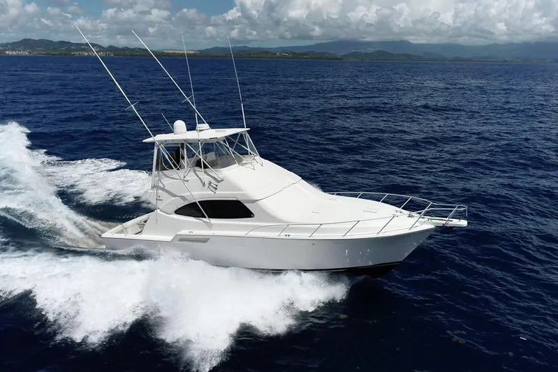 Dream On Yacht Photos Pics 2005 Bertram 450 yacht cruising on open ocean under clear skies.