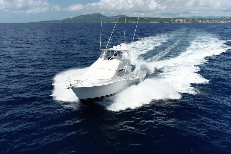 Dream On Yacht Photos Pics 2005 Bertram 450 yacht cruising on open ocean with scenic coastline in background.