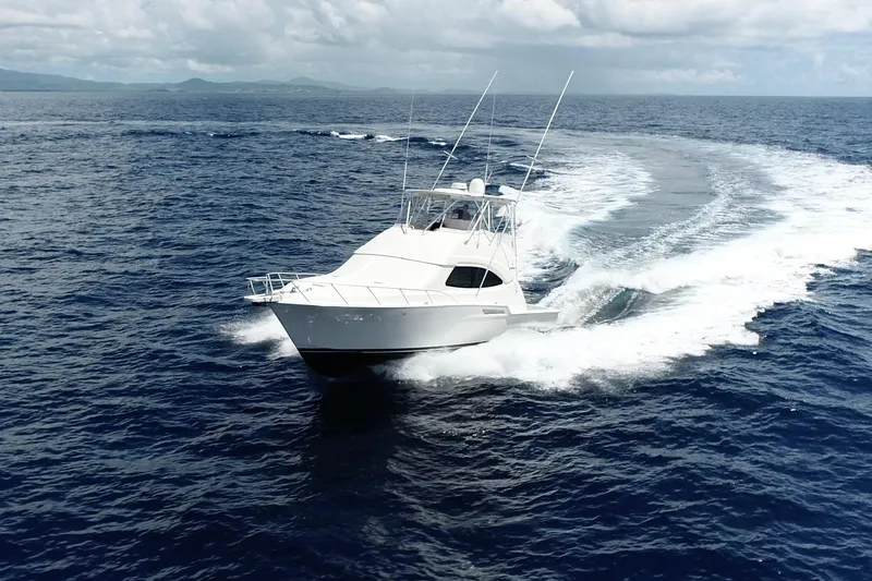 Dream On Yacht Photos Pics 2005 Bertram 450 yacht cruising on open ocean under cloudy skies.