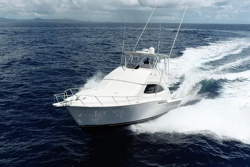 Dream On Yacht Photos Pics 2005 Bertram 450 yacht cruising on open ocean under cloudy sky.