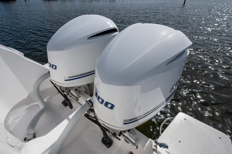 Christyl Clear Yacht Photos Pics Twin outboard engines on a 2018 Intrepid 327 Center Console boat.