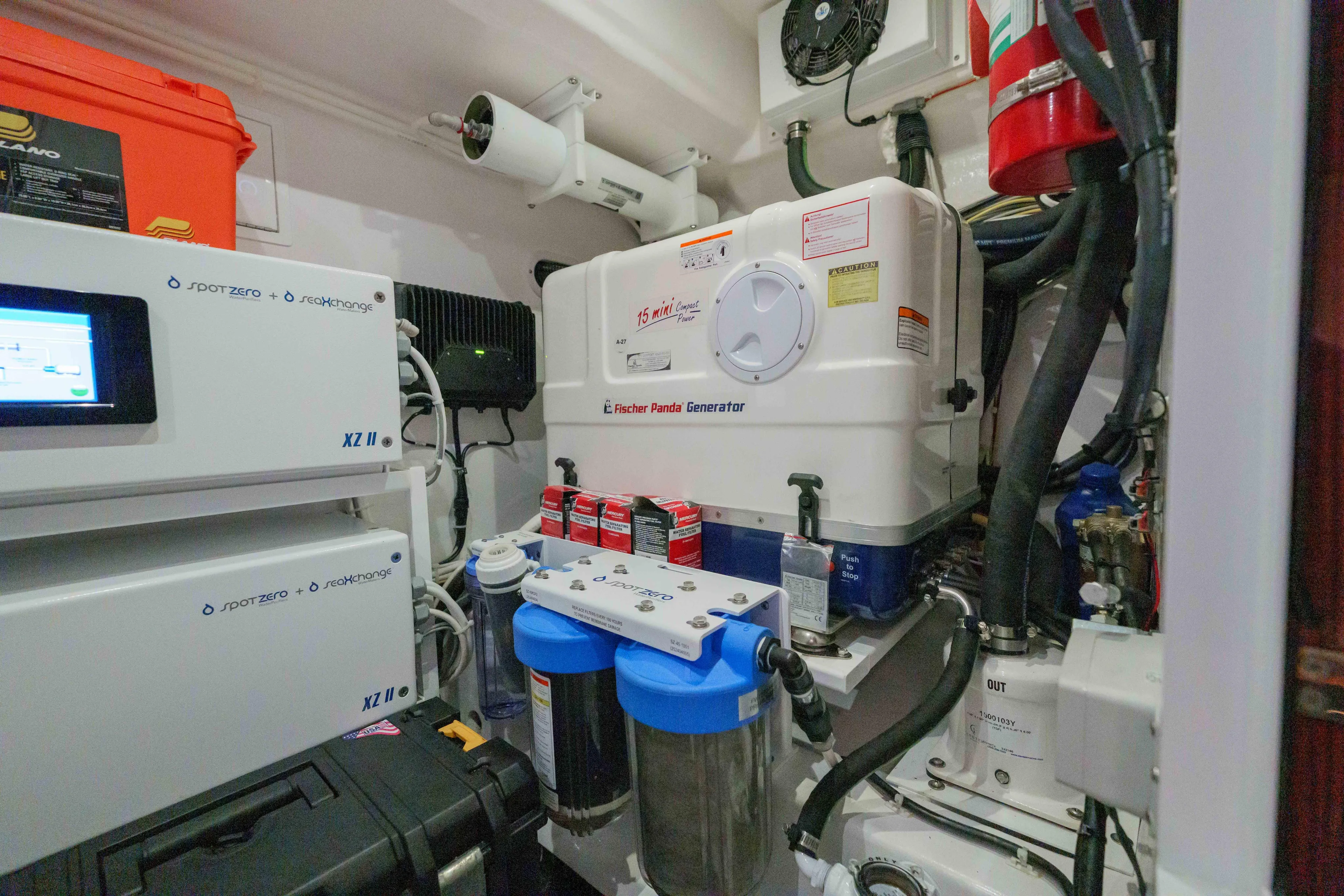 Lucky 24 IV Yacht Photos Pics Engine room of 2024 Valhalla Boatworks V-55 with Fischer Panda generator and filtration systems.