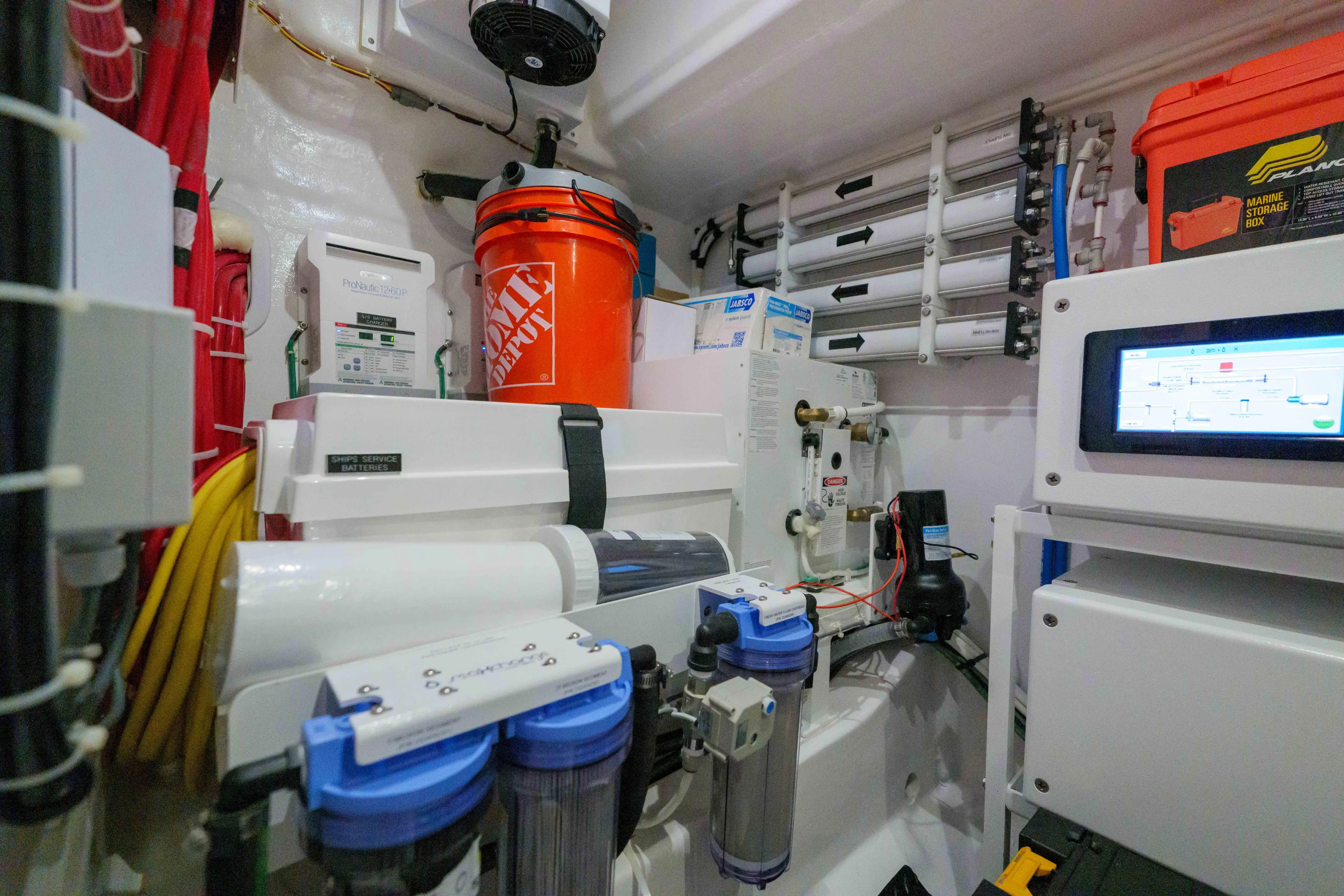 Lucky 24 IV Yacht Photos Pics 2024 Valhalla V-55 boat interior with equipment and storage compartments.