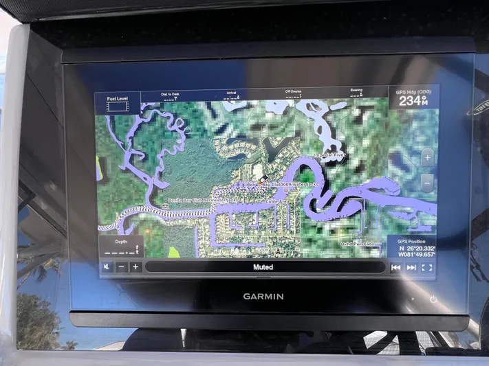  Yacht Photos Pics Garmin GPS display on 2021 Jeanneau Leader 9.0 WA boat, showing navigational map.