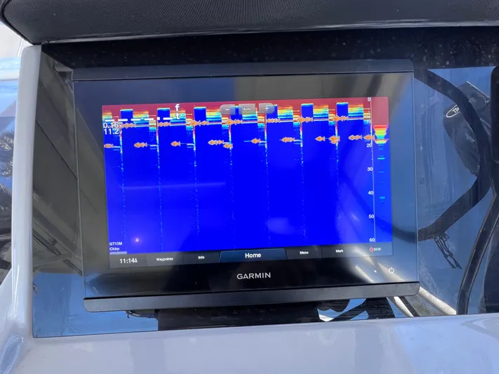  Yacht Photos Pics Garmin marine display on 2021 Jeanneau Leader 9.0 WA boat, showing sonar data.