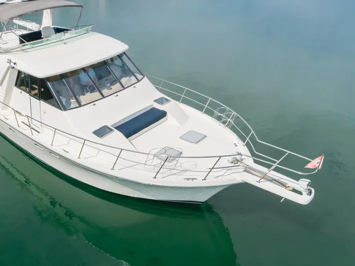 Coffey To Cocktails II Yacht Photos Pics 1998 Bayliner 4788 Pilot House Motoryacht on calm water, showcasing sleek design and spacious deck.