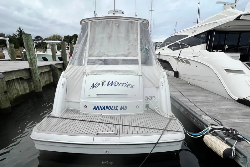 No Worries Yacht Photos Pics 2011 Formula 37 Performance Cruiser docked in Annapolis, MD, with "No Worries" on the stern.