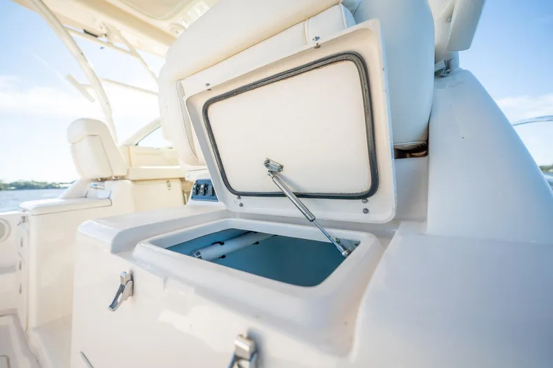 Meant To Be Yacht Photos Pics 2018 Grady-White Express 330 boat interior storage compartment open.