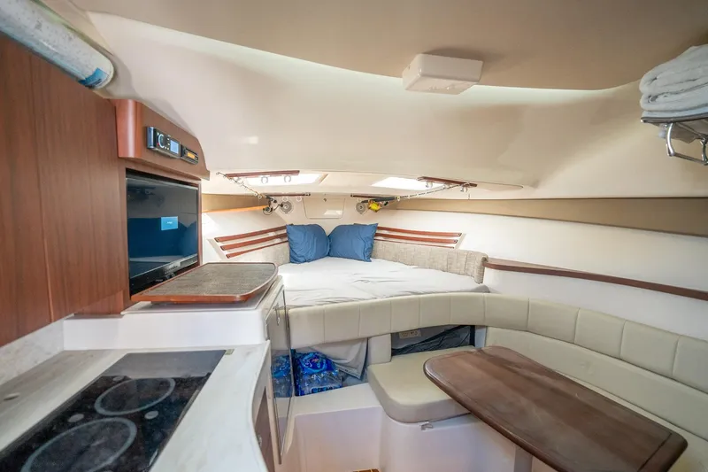 Meant To Be Yacht Photos Pics 2018 Grady-White Express 330 cabin interior with cozy seating and modern amenities.