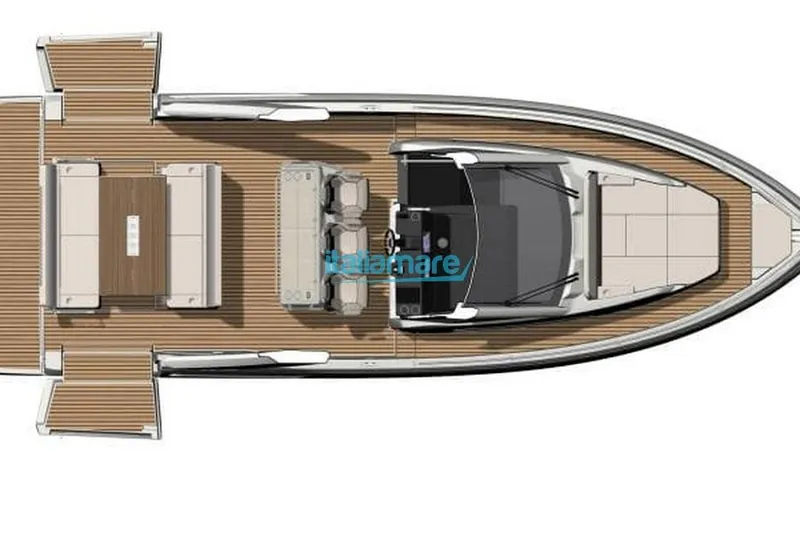  Yacht Photos Pics Top view of 2024 Jeanneau DB/37 OB boat layout, featuring spacious deck and seating areas.
