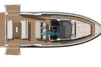 Top view of 2024 Jeanneau DB/37 OB boat layout, featuring spacious deck and seating areas.