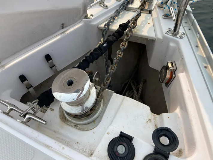  Yacht Photos Pics Anchor chain and winch on a 2014 Catalina 355 sailboat deck.
