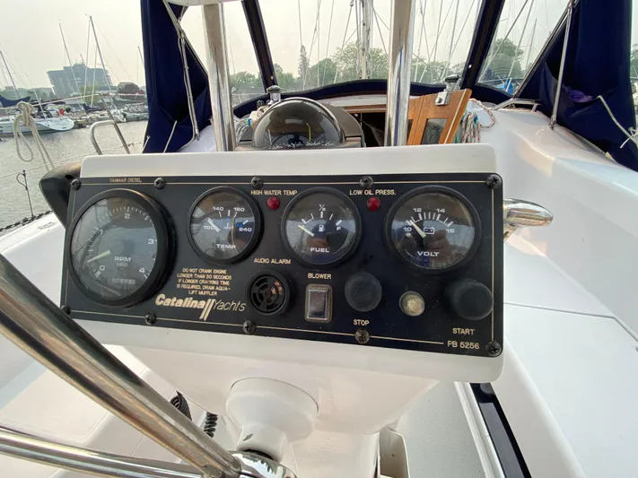  Yacht Photos Pics Control panel of a 2014 Catalina 355 yacht with gauges and controls.
