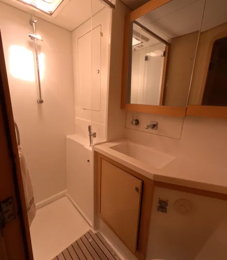Halia Yacht Photos Pics Compact bathroom in a 2014 Lagoon 450 yacht, featuring a shower and sink.