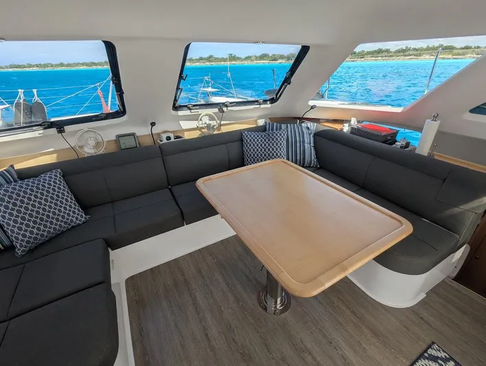God Speed Yacht Photos Pics Interior of 2020 Seawind 1260 catamaran with spacious seating and ocean view.