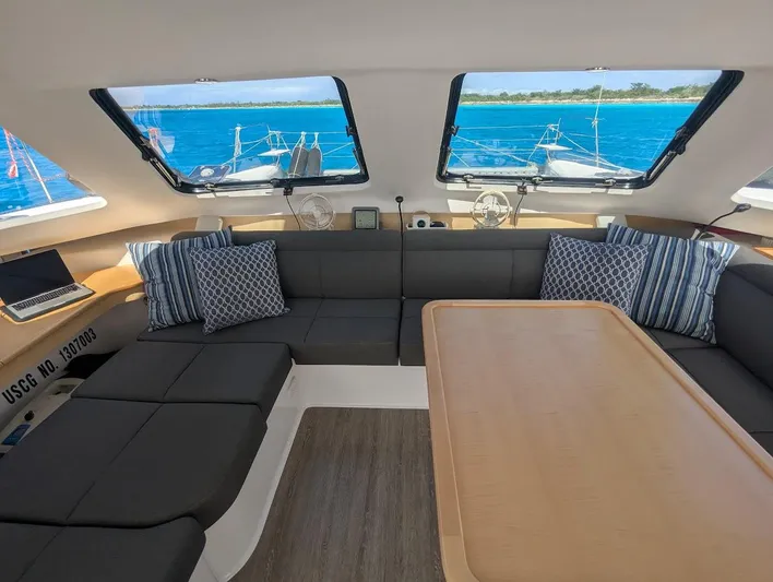 God Speed Yacht Photos Pics Interior of 2020 Seawind 1260 catamaran with spacious seating and ocean view.