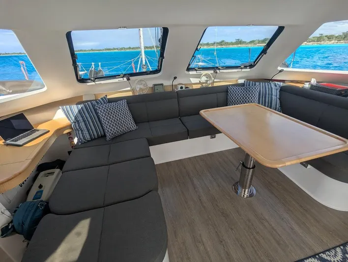 God Speed Yacht Photos Pics Interior of 2020 Seawind 1260 catamaran with spacious seating and ocean view.