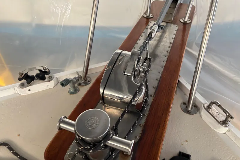 Oasis Yacht Photos Pics Anchor windlass on 1987 Wilbur 38 boat deck with stainless steel fittings.