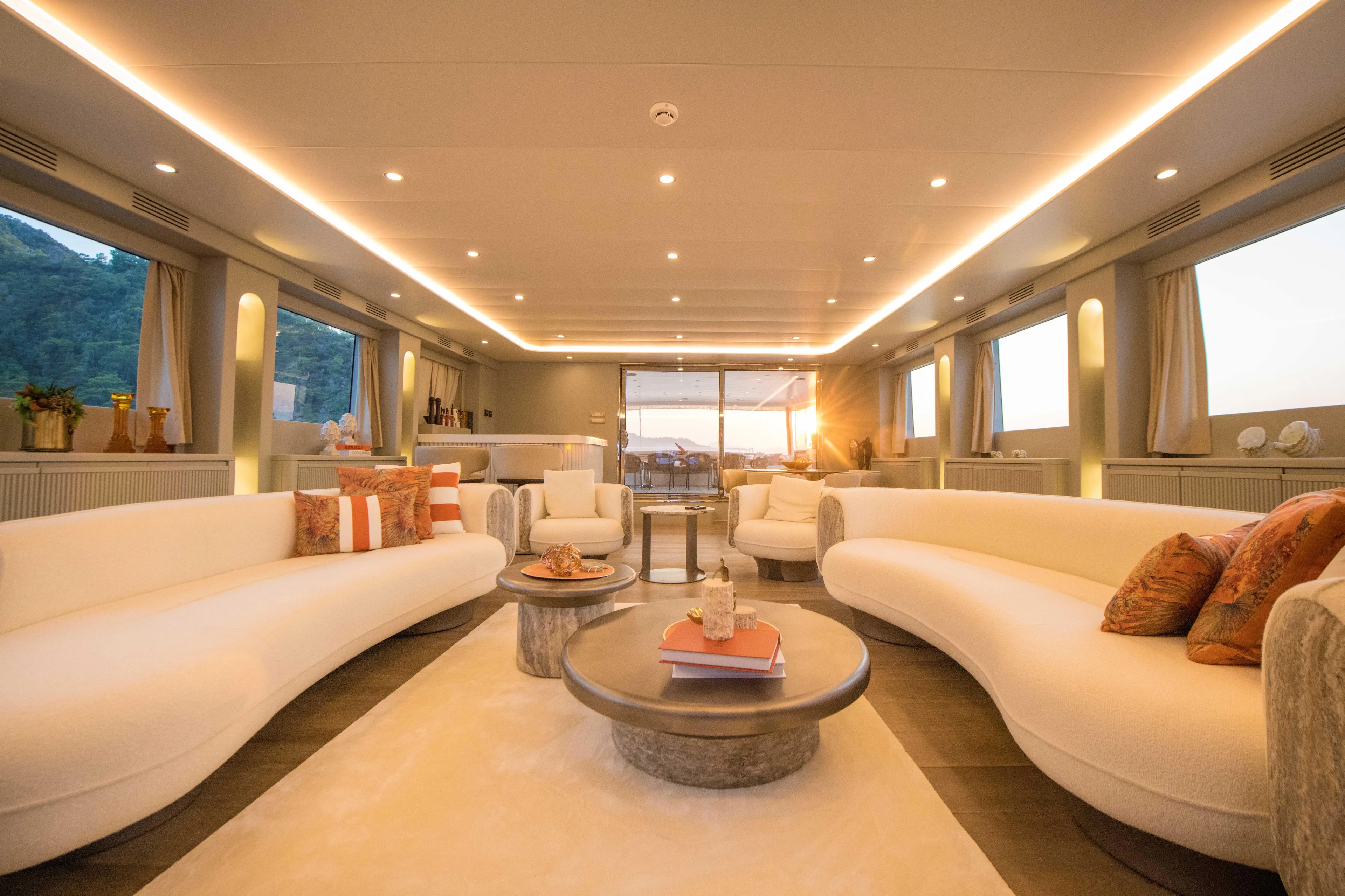 Ns02282 Yacht Photos Pics Luxurious interior of 2023 Custom Motorsailer 41M with elegant seating and ambient lighting.