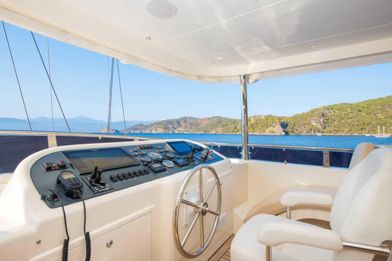 Ns02282 Yacht Photos Pics Helm of 2023 Custom Motorsailer 41M with scenic ocean view and modern controls.