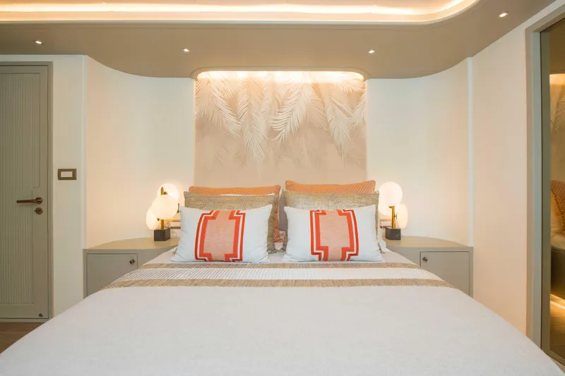 Ns02282 Yacht Photos Pics Luxurious bedroom interior on Custom Motorsailer 41M, 2023 model, featuring elegant lighting and modern decor.