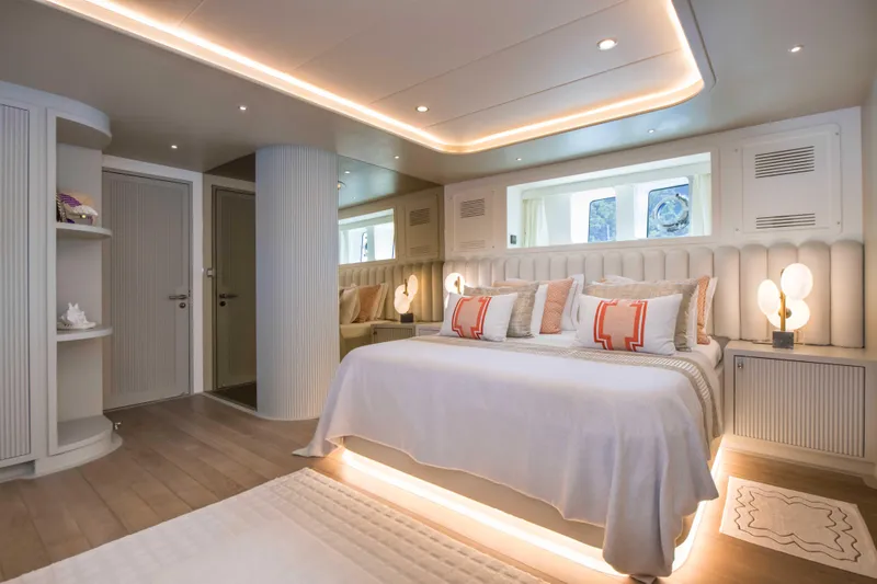 Ns02282 Yacht Photos Pics Luxurious bedroom interior on 2023 Custom Motorsailer 41M yacht, featuring modern design and ambient lighting.