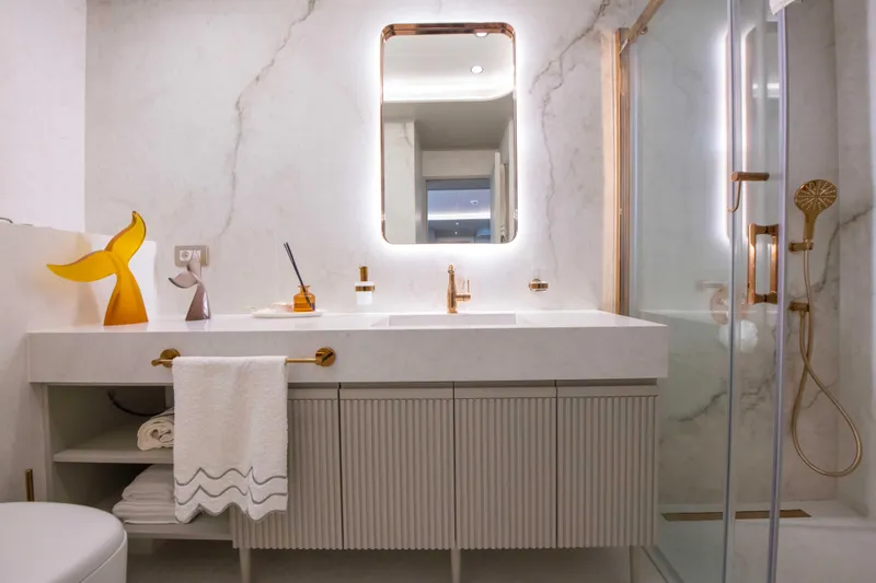 Ns02282 Yacht Photos Pics Luxurious bathroom on Custom Motorsailer 41M, 2023, featuring modern fixtures and elegant design.