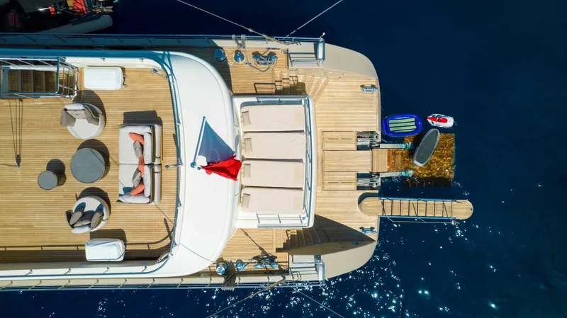 Ns02282 Yacht Photos Pics Aerial view of 2023 Custom Motorsailer 41M yacht with sun deck and water sports gear.