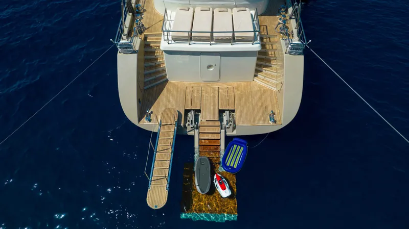 Ns02282 Yacht Photos Pics Custom Motorsailer 41M yacht stern with water toys and swim platform, 2023 model.
