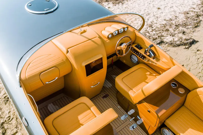 Seven Seas Speedster X Yacht Photos Pics Luxurious interior of 2025 Seven Seas Yachts Venus Speedster X with elegant tan leather seating.