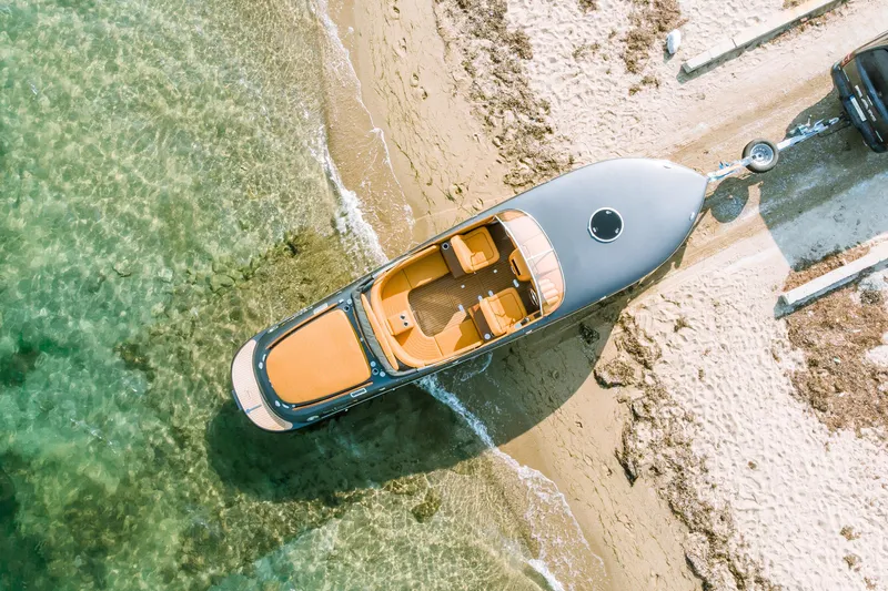 Seven Seas Speedster X Yacht Photos Pics Aerial view of 2025 Seven Seas Yachts Venus Speedster X on sandy beach.