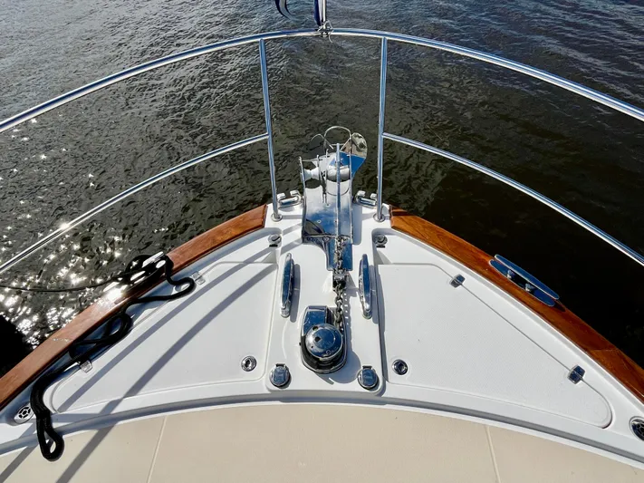 Calamity Jane Yacht Photos Pics 2018 Sabre 45 Salon Express yacht bow with polished anchor and railing.