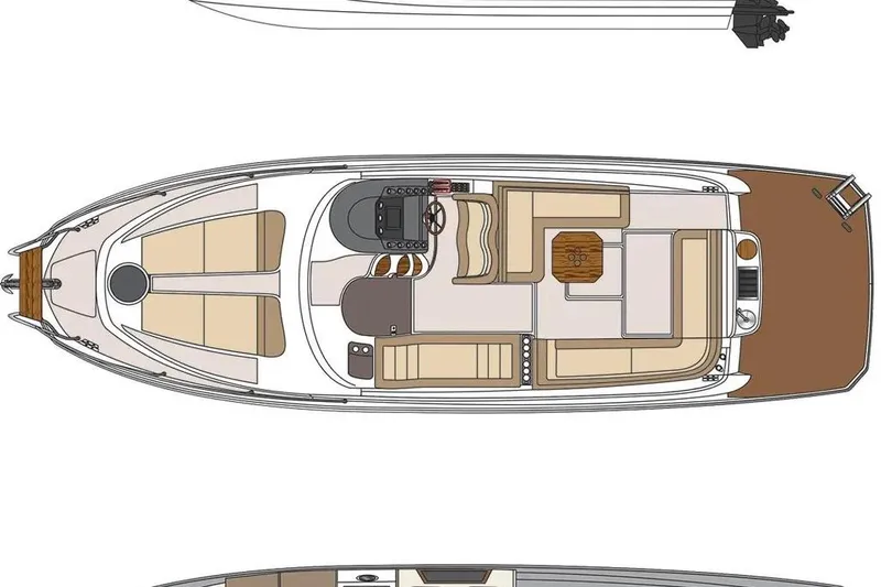  Yacht Photos Pics Top view of 2025 Hanover 355 boat layout with seating and helm details.