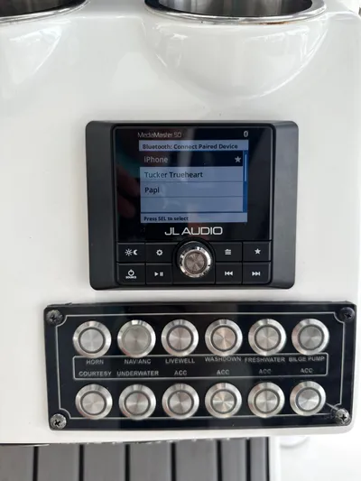  Yacht Photos Pics JL Audio system and control panel on a 2022 Tidewater 2700 Carolina Bay boat.