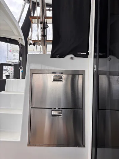  Yacht Photos Pics Stainless steel storage on 2024 Lagoon 42 yacht, featuring sleek design and modern amenities.