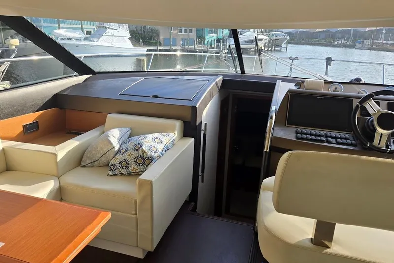 What A Day Yacht Photos Pics Interior of 2013 Prestige 500 yacht with helm, seating, and navigation equipment.