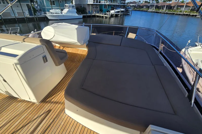 What A Day Yacht Photos Pics Prestige 500 yacht deck, 2013 model, featuring spacious seating and scenic waterfront view.