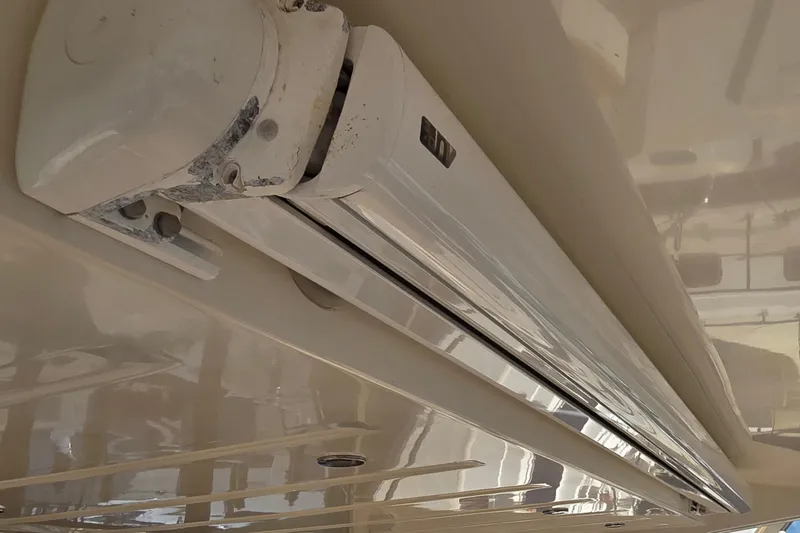 What A Day Yacht Photos Pics Close-up of a 2013 Prestige 500 yacht's retractable awning mechanism.