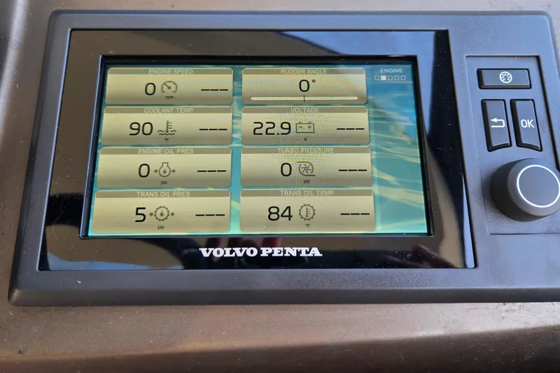 What A Day Yacht Photos Pics Volvo Penta engine display on 2013 Prestige 500, showing various engine metrics.