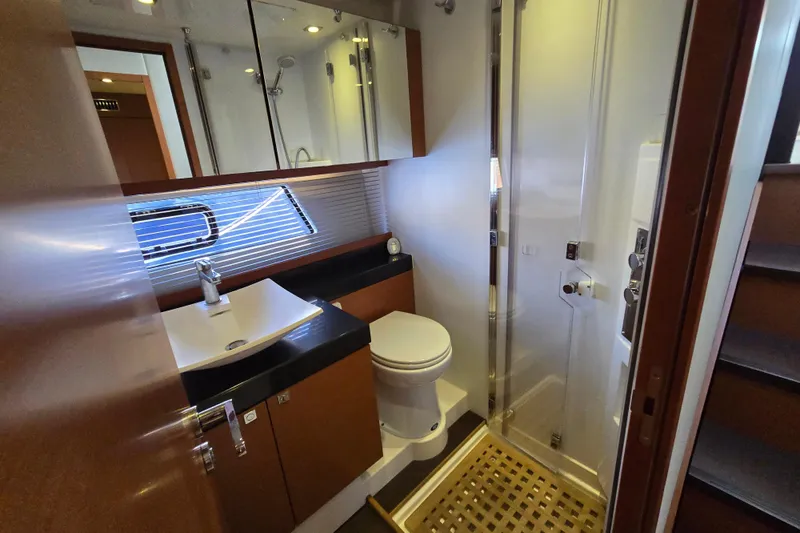 What A Day Yacht Photos Pics Luxurious bathroom in 2013 Prestige 500 yacht with modern fixtures and shower.