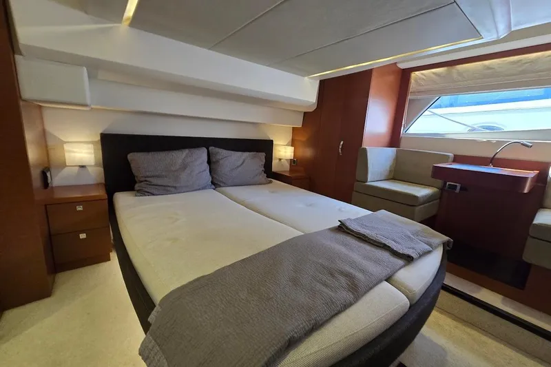 What A Day Yacht Photos Pics Luxurious cabin interior of a 2013 Prestige 500 yacht with modern furnishings.