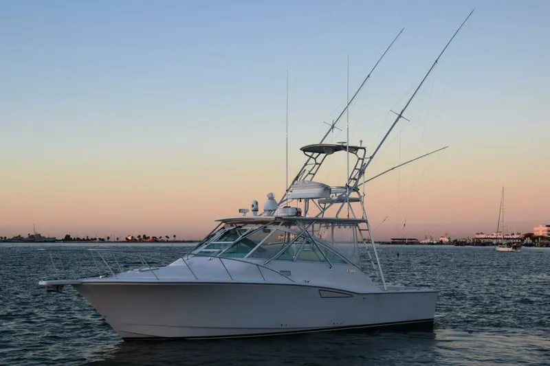 Never Again VII Yacht Photos Pics 2006 Cabo 35 Express boat on calm water at sunset.