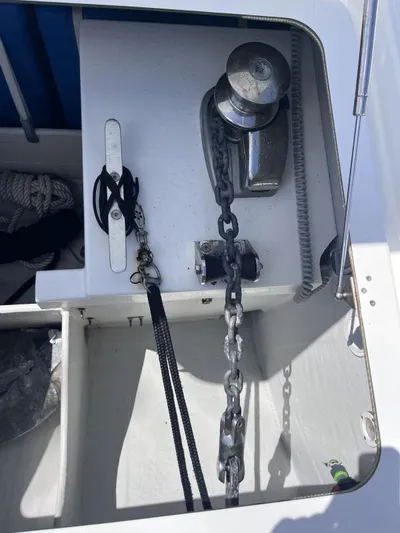 Sea The World Yacht Photos Pics Anchor chain and winch system on 2023 Fountaine Pajot Elba 45 catamaran.