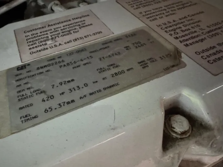  Yacht Photos Pics Engine specifications label on a 1998 Sea Ray 420 Aft Cabin boat.